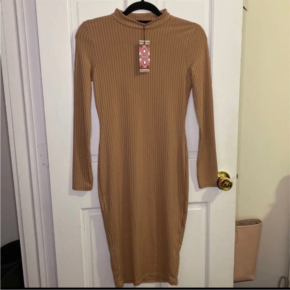 Tan brown Boohoo ribbed mock turtleneck dress
